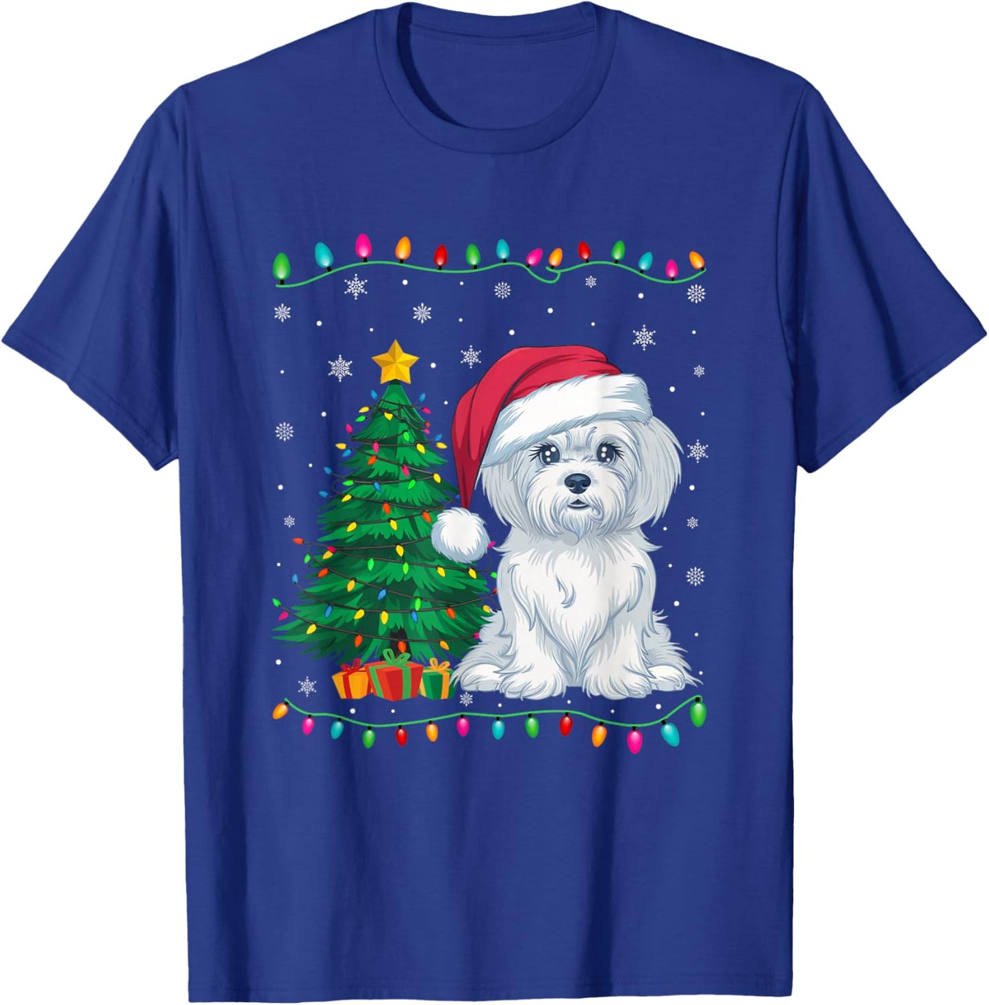 Maltese Dog Santa Hat Men Women Kids Christmas Tree Lights T-Shirt - T-Shirt | Royal