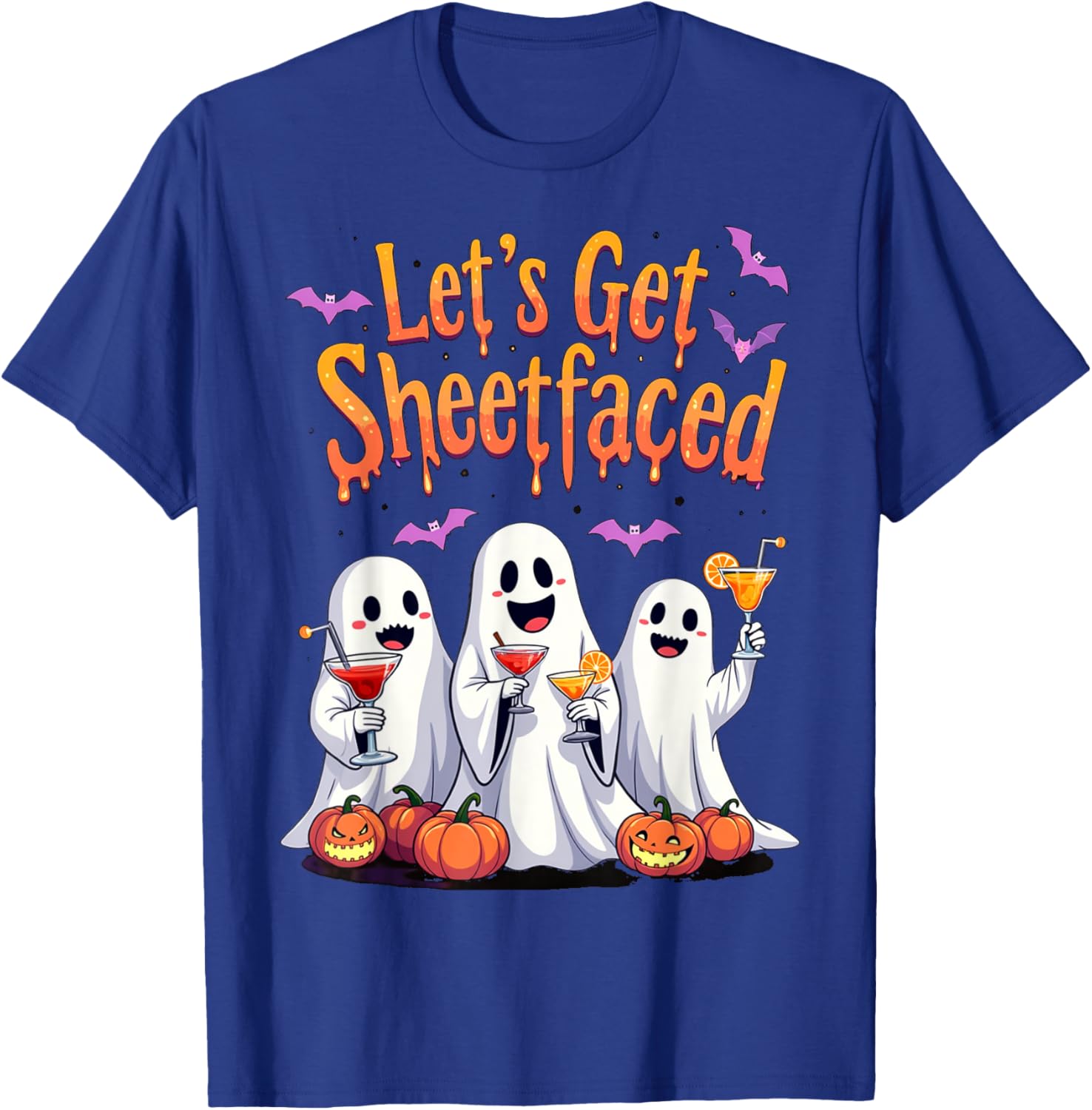 Let's Get Sheet Faced Cute Funny Ghost Drinking Halloween T-Shirt - T-Shirt | Royal