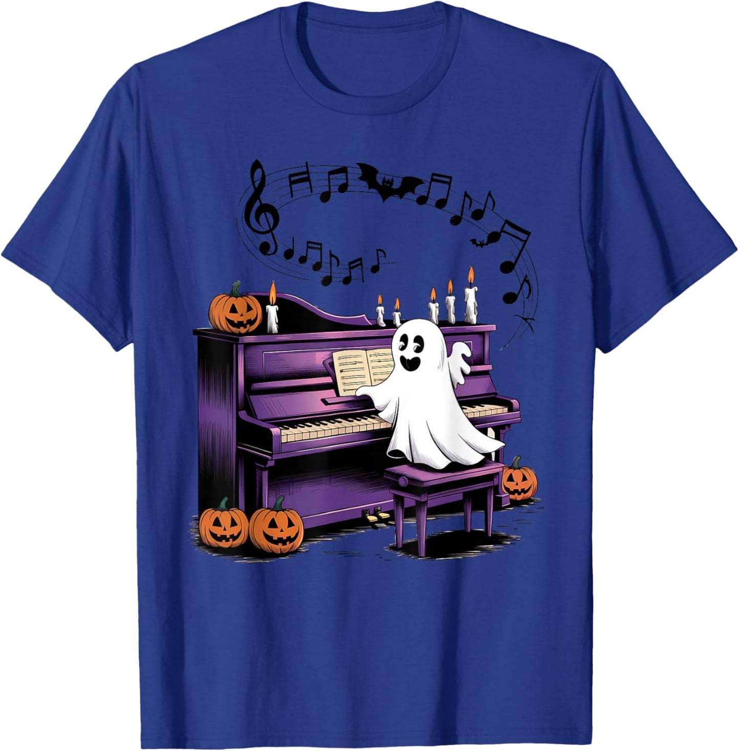 Spooky Halloween Ghost Playing Piano Pianist Musical Lovers T-Shirt - T-Shirt | Royal
