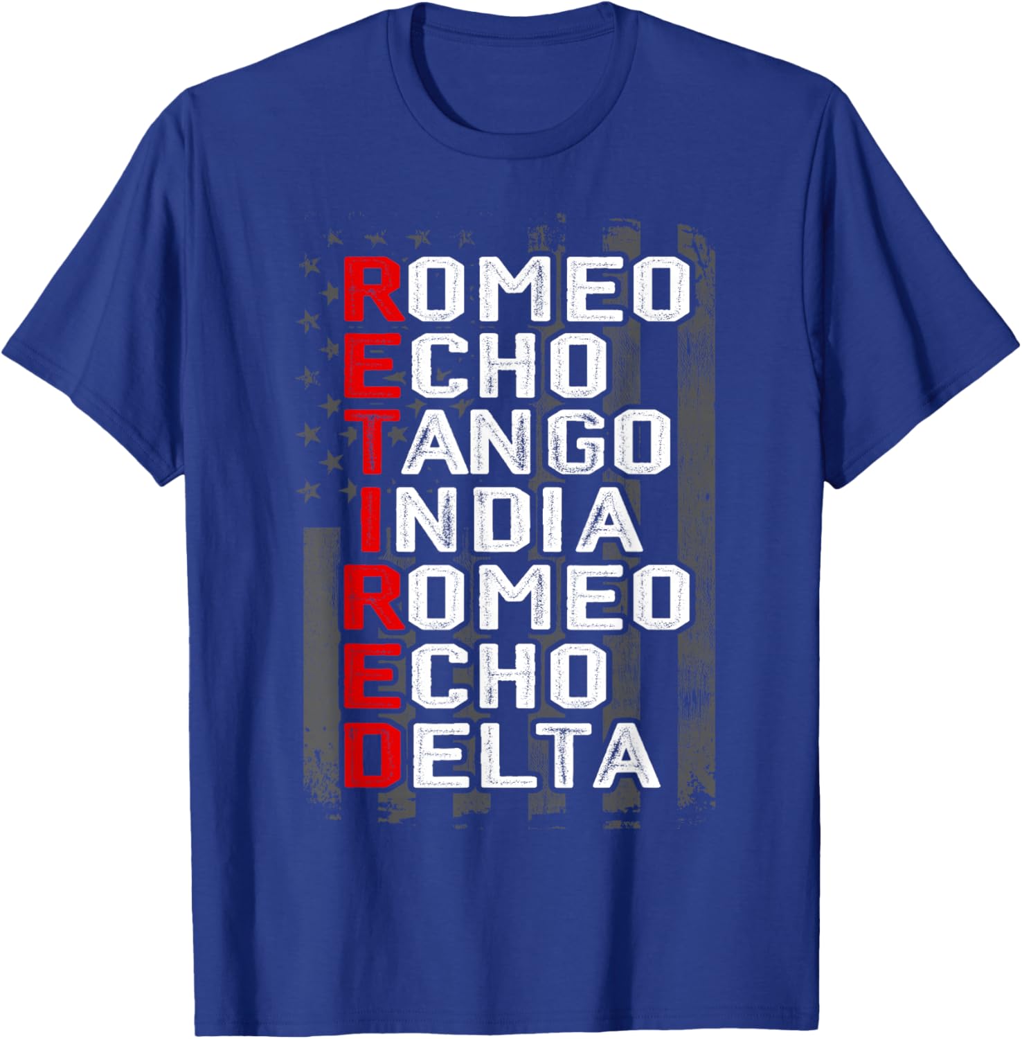 Phonetic Alphabet Retired Veteran American Flag Military T-Shirt - T-Shirt | Royal