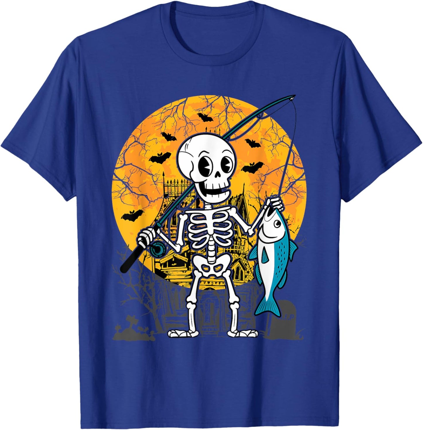Halloween Skeleton Fishing Costume Fisherman Men Boys Kids T-Shirt - T-Shirt | Royal