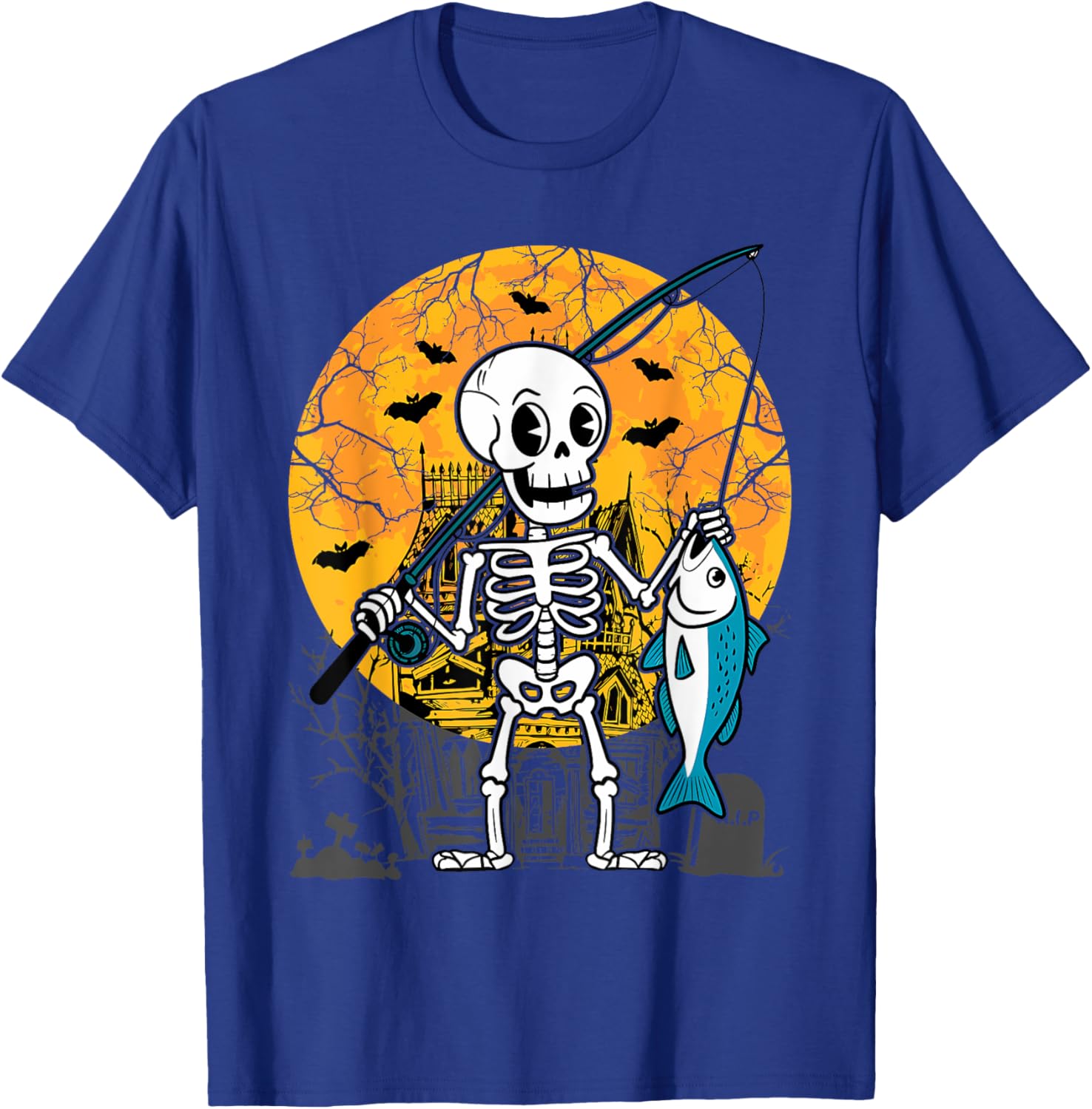 Halloween Skeleton Fishing Costume Fisherman Men Boys Kids T-Shirt - T-Shirt | Royal