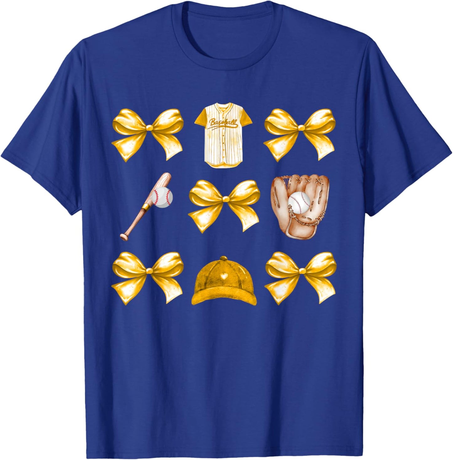 Baseball Game Day Yellow Coquette Bow Baseball Mom Retro T-Shirt - T-Shirt | Royal