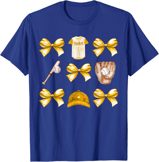 Baseball Game Day Yellow Coquette Bow Baseball Mom Retro T-Shirt - T-Shirt | Royal