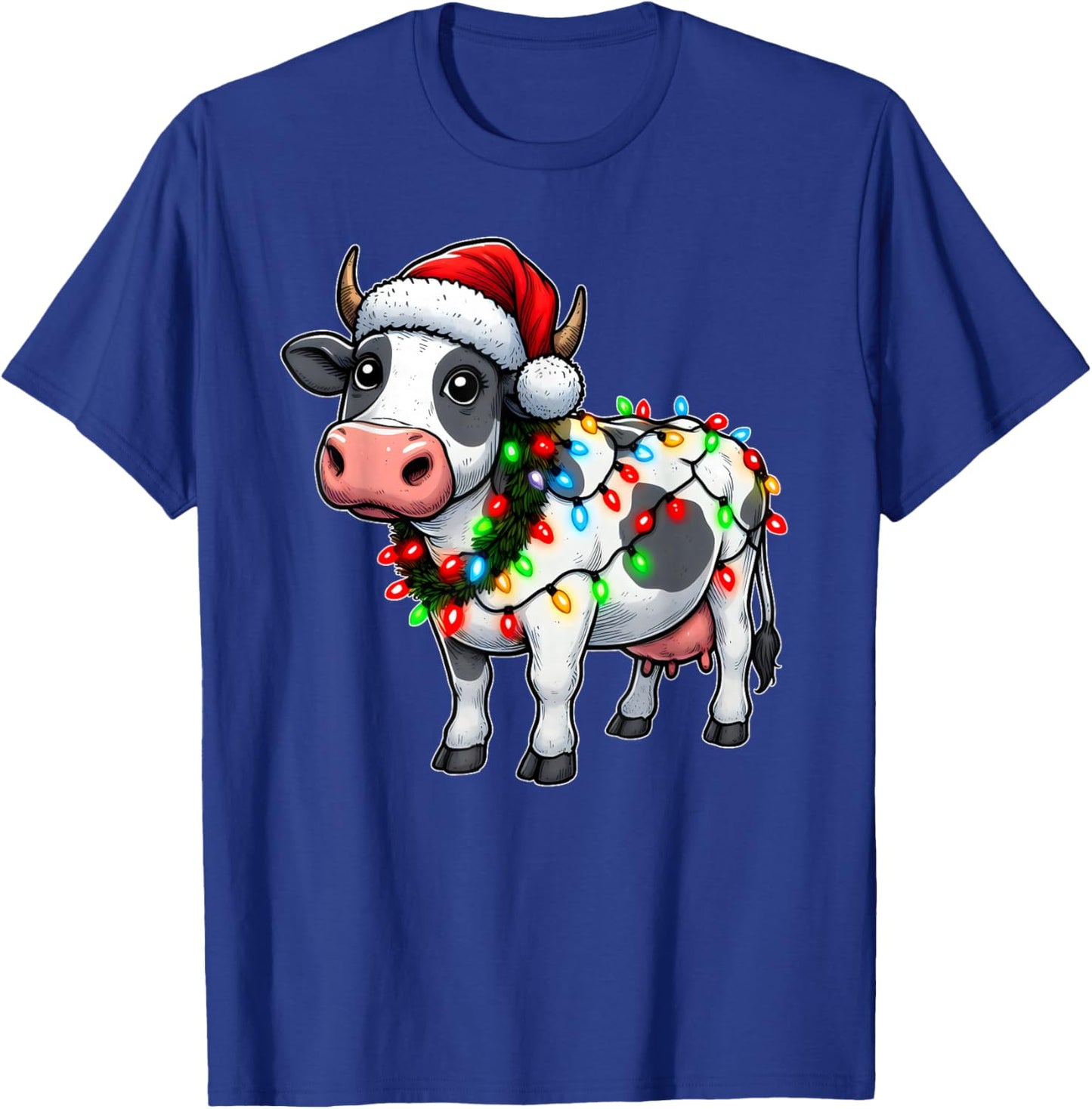 Merry Christmas Cow Santa Christmas Lights Cow Xmas Tree T-Shirt - T-Shirt | Royal