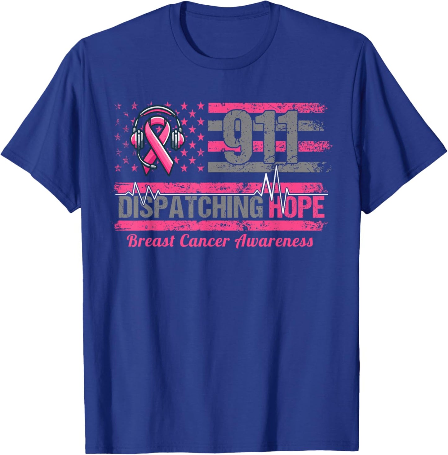 911 Dispatcher Breast Cancer Awareness American Flag T-Shirt - T-Shirt | Royal