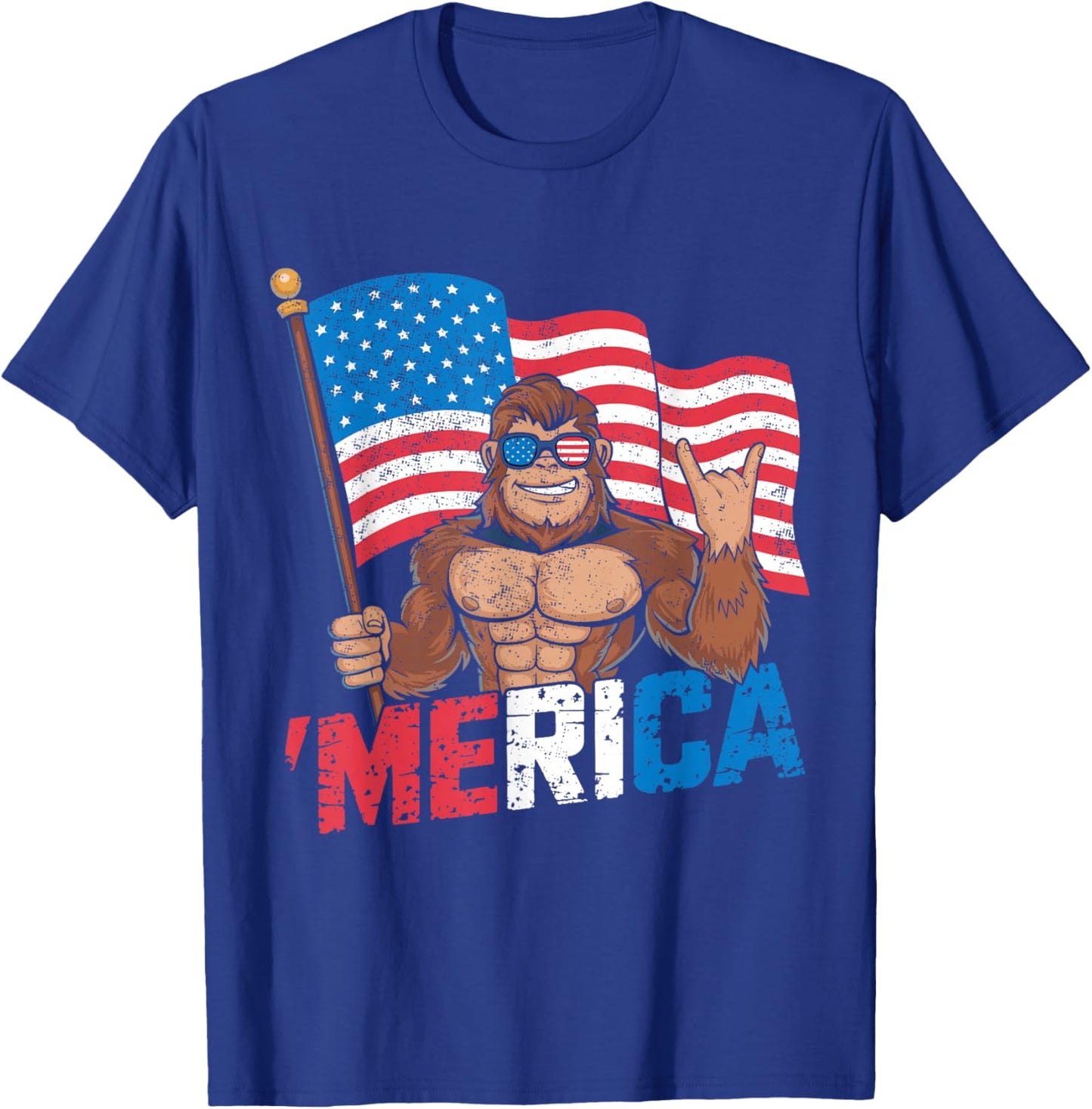 Bigfoot Merica Rock American Flag Patriotic 4th Of July T-Shirt - T-Shirt | Royal