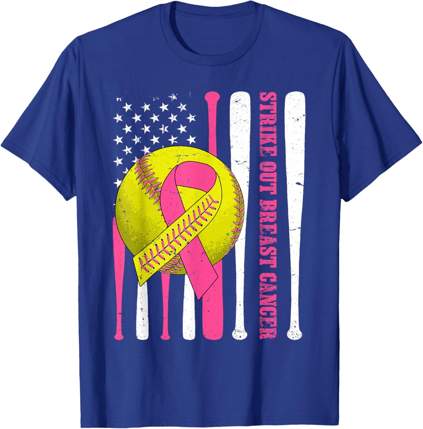 Strike Out Breast Cancer Softball American Flag Women Girls T-Shirt - T-Shirt | Royal
