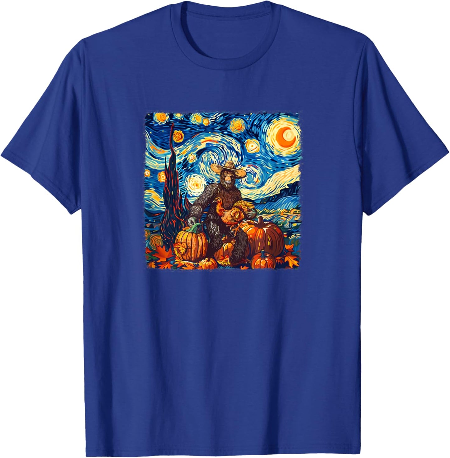 Funny Bigfoot Pilgrim Turkey Pumpkin Thanksgiving Van Gogh T-Shirt - T-Shirt | Royal