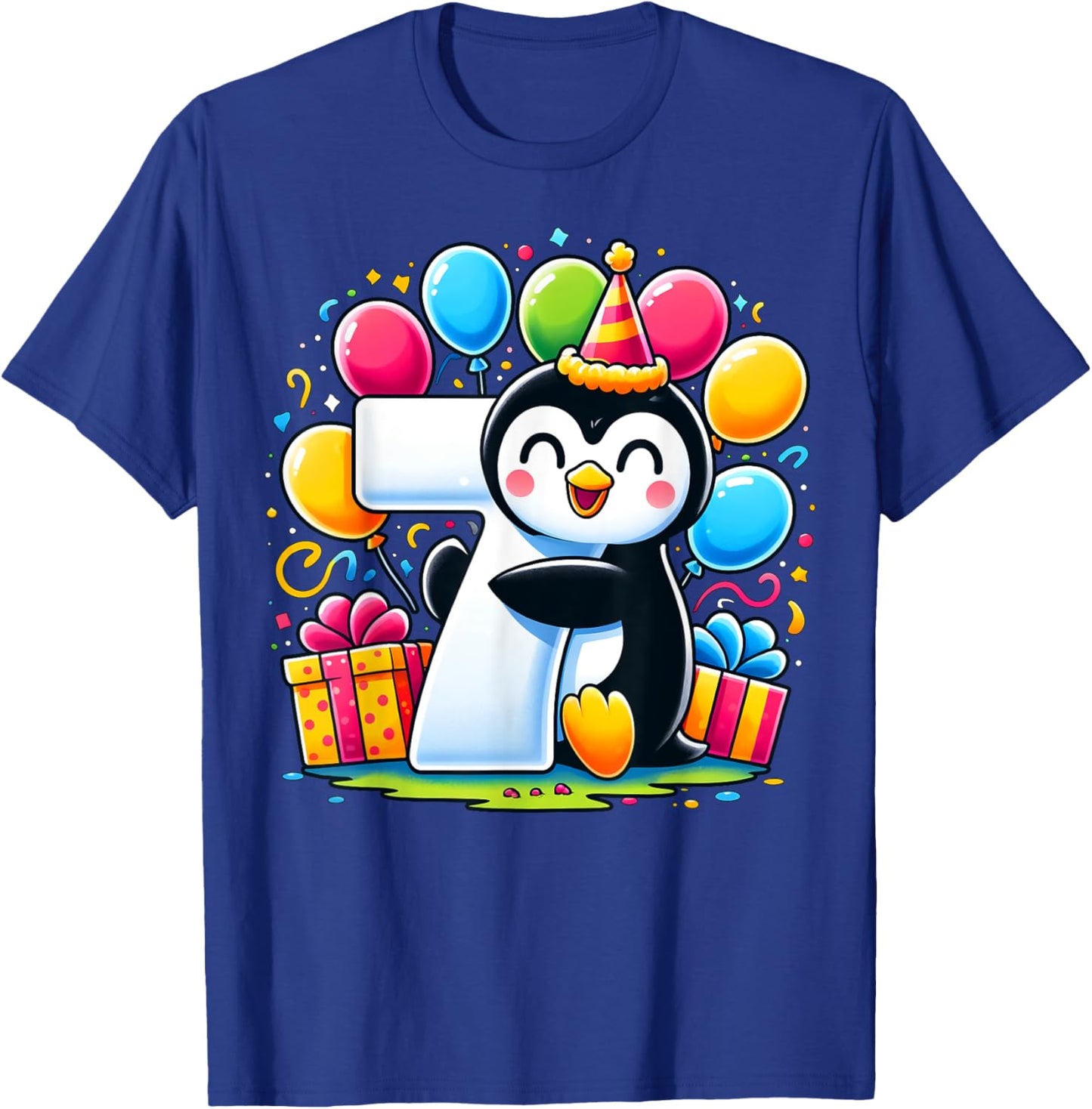 Kids Penguin Theme seventh Bday Party 7th Penguin Birthday T-Shirt - T-Shirt | Royal