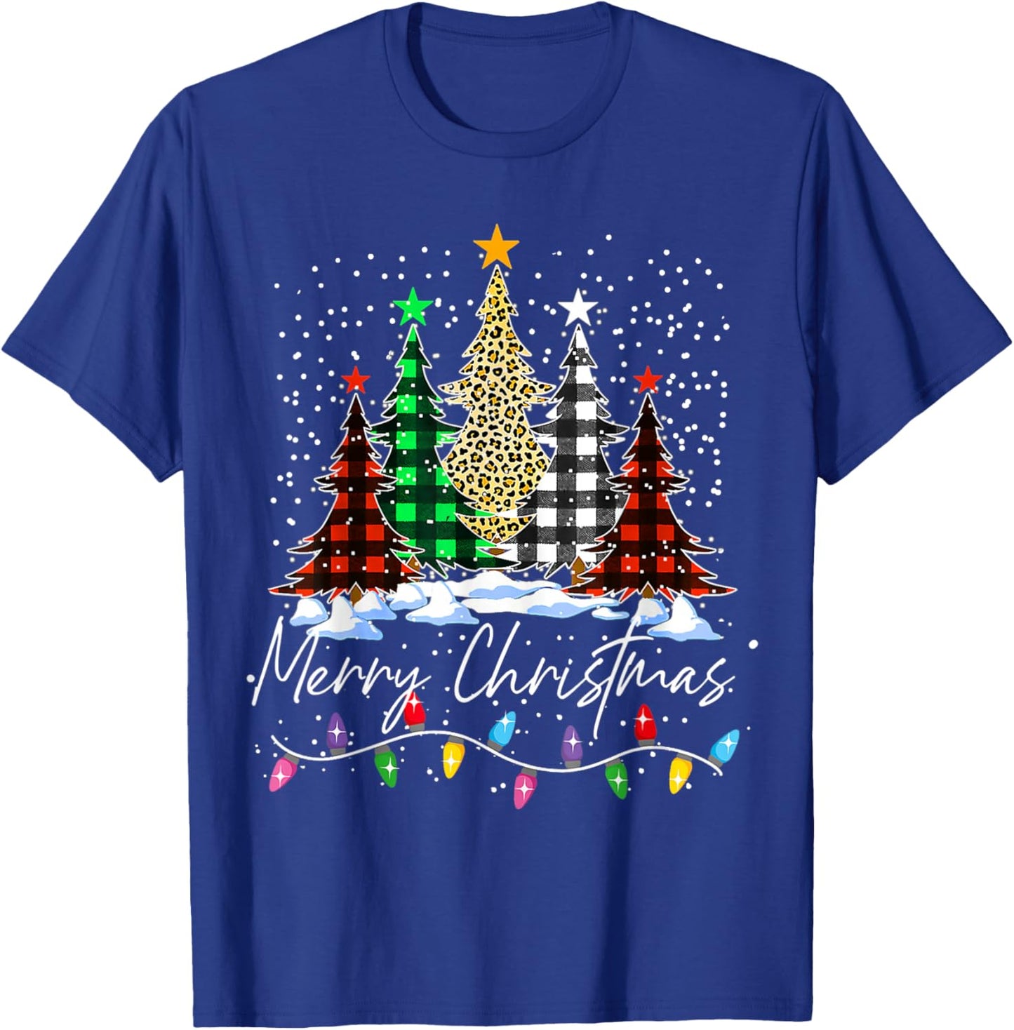 Merry Christmas Trees With Buffalo Red Plaid Leopard Xmas T-Shirt - T-Shirt | Royal
