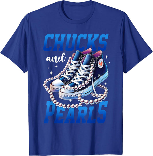 Chucks and Pearls Kamala Harris 2024 for President Election T-Shirt - T-Shirt | Royal