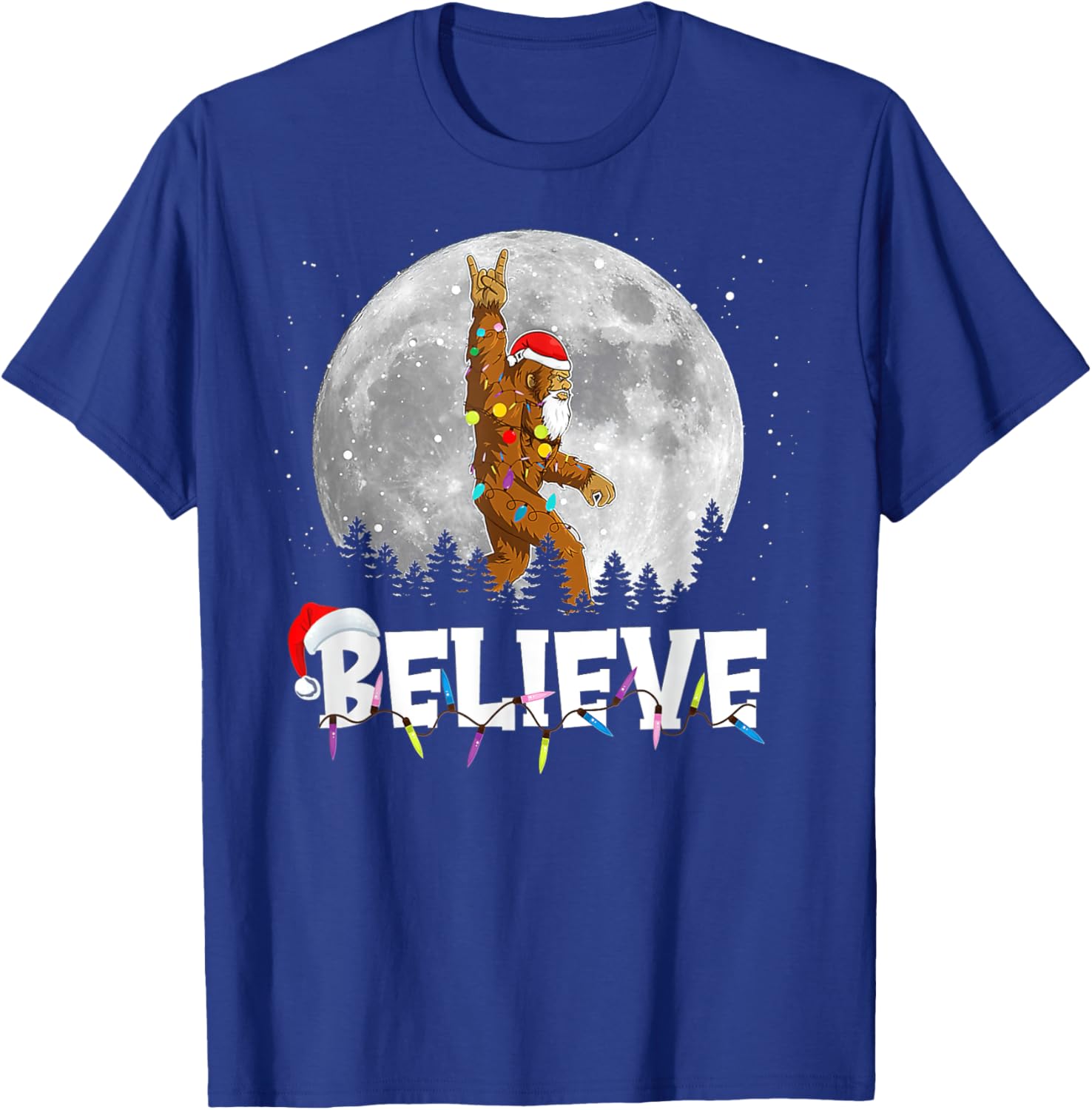 Santa Bigfoot Christmas Light Funny Sasquatch Believe Xmas T-Shirt - T-Shirt | Royal