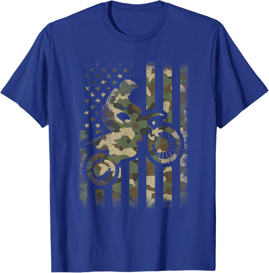 Motocross American Flag Camouflage Dirt Bike Men Women Kids T-Shirt - T-Shirt | Royal