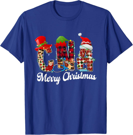 Leopard Red Plaid CNA Nurse Santa Hat Elf Christmas Lights T-Shirt - T-Shirt | Royal