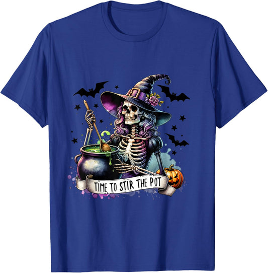 Time To Stir the pot Skeleton Woman Witch Halloween Pin-Up T-Shirt - T-Shirt | Royal