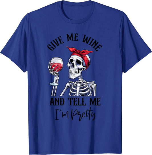 Halloween Skeleton With Red Wine Wine Glass Funny Halloween T-Shirt - T-Shirt | Royal