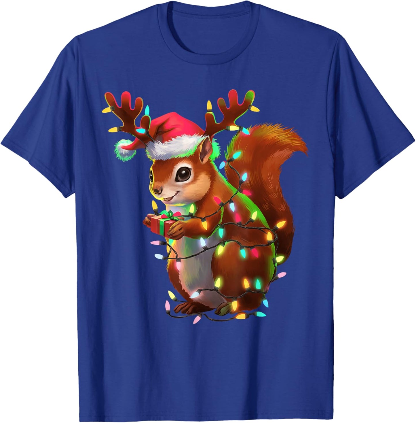Christmas Squirrel Lights Santa Hat Xmas Family Men Women T-Shirt - T-Shirt | Royal
