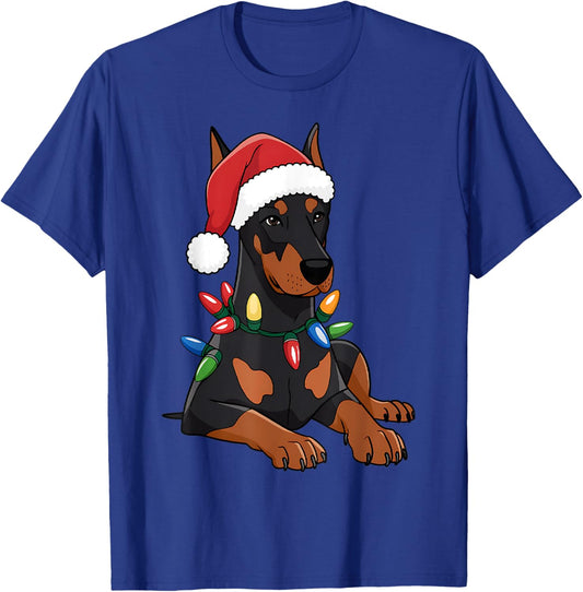 Doberman Santa Christmas Lights Dog Lover Xmas Men Women T-Shirt - T-Shirt | Royal