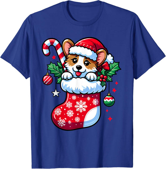 Cute Christmas Candy Cane Santa Corgi Dog in Xmas Stocking T-Shirt - T-Shirt | Royal