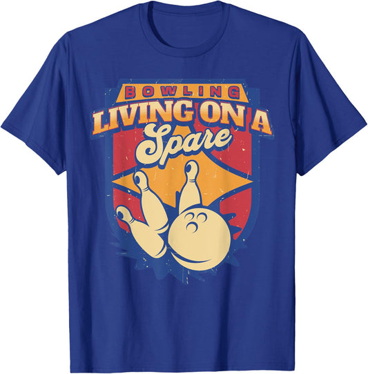 Living On A Spare Funny Bowling League Bowler Vintage Retro T-Shirt - T-Shirt | Royal
