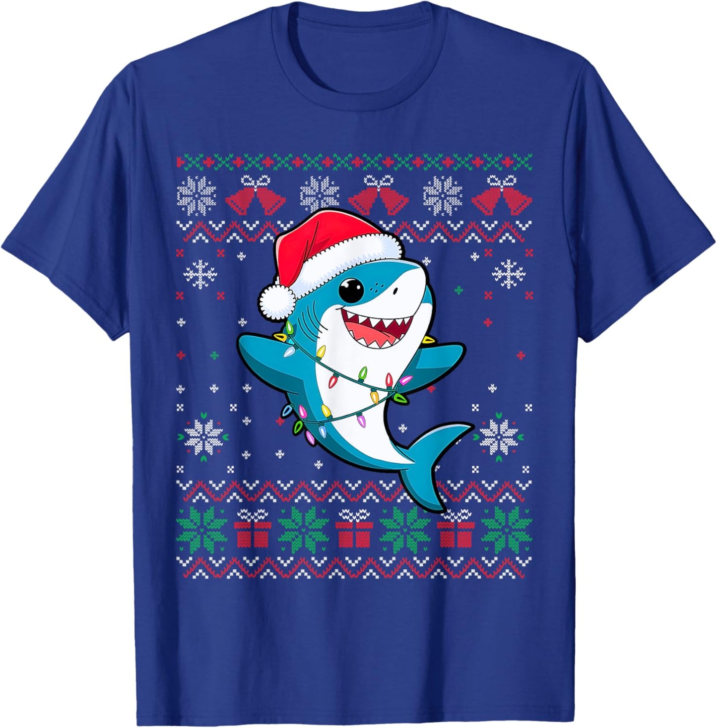 Funny Ugly Christmas Tree Shark Santa Hat Lights Xmas T-Shirt - T-Shirt | Royal