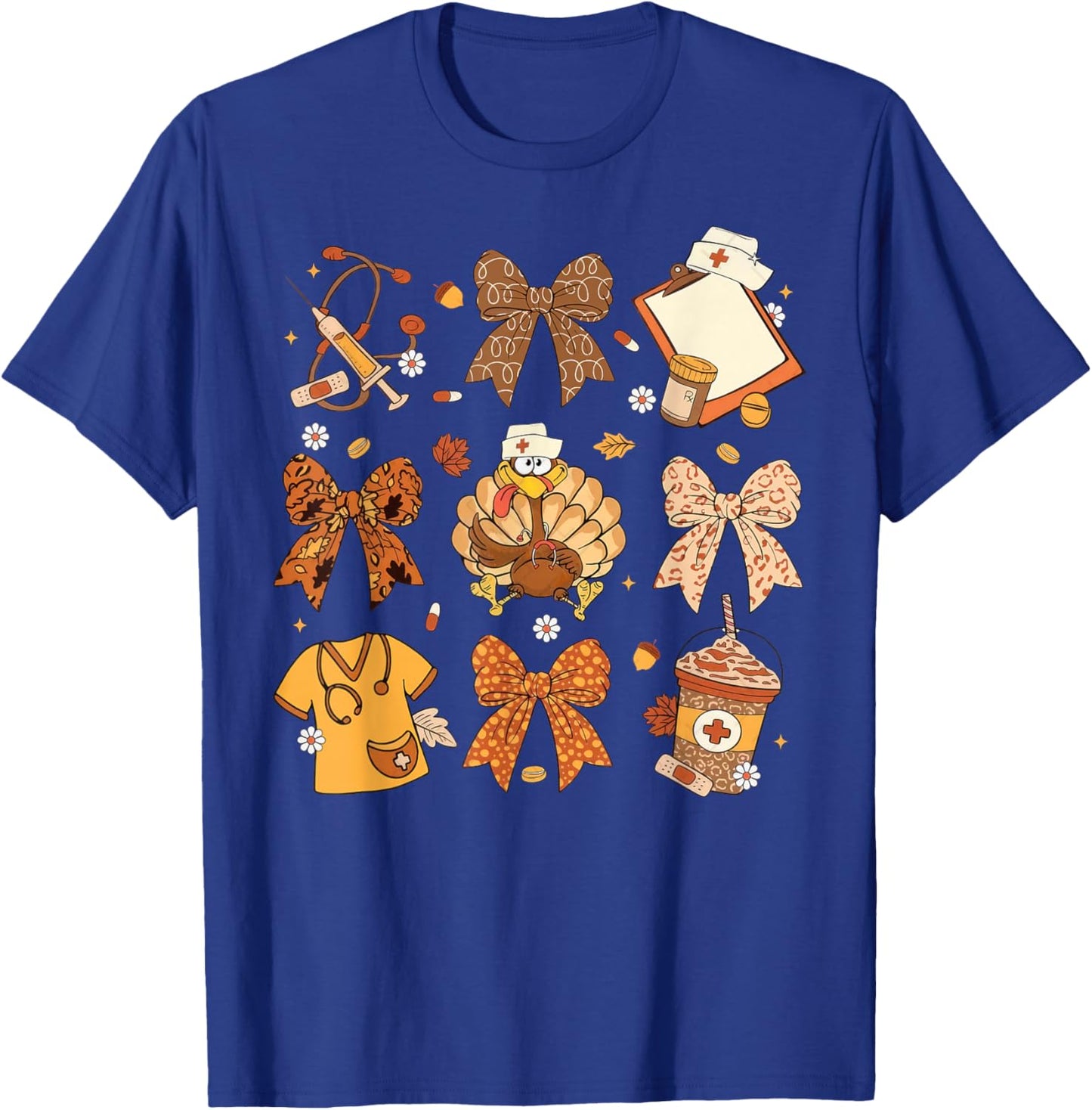 Coquette Bow Nurse Thanksgiving Turkey Scrub Top T-Shirt - T-Shirt | Royal
