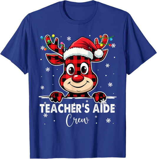 Funny Red Plaid Reindeer Teacher's Aide Crew Merry Christmas T-Shirt - T-Shirt | Royal