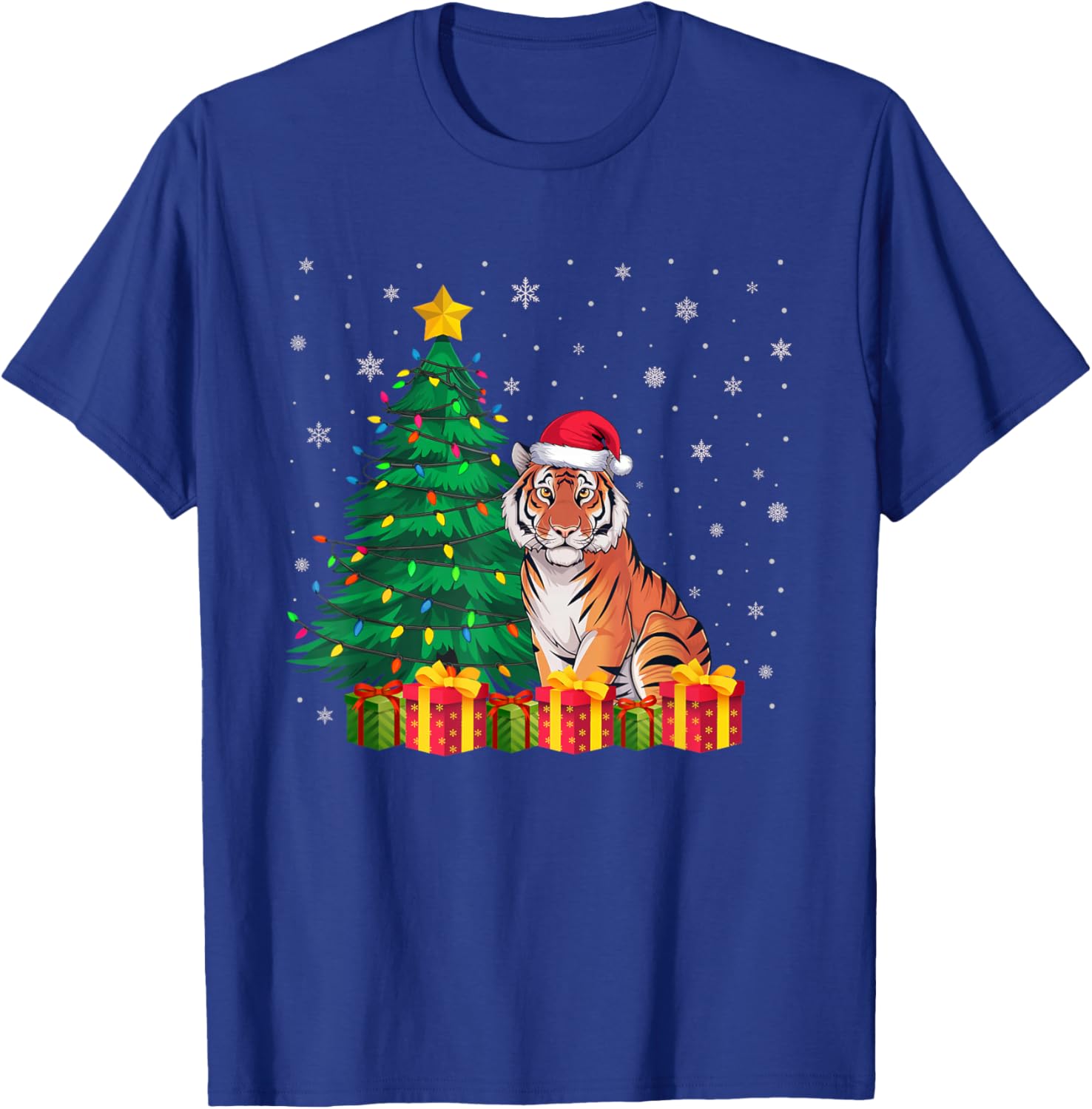 Ugly Bengal Tiger Santa Hat Christmas Tree Lights Pajama T-Shirt - T-Shirt | Royal