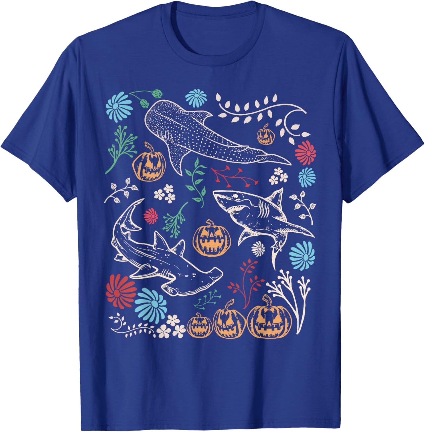 Vintage 90s Halloween Shark Pumpkin Ocean Marine Biology T-Shirt - T-Shirt | Royal