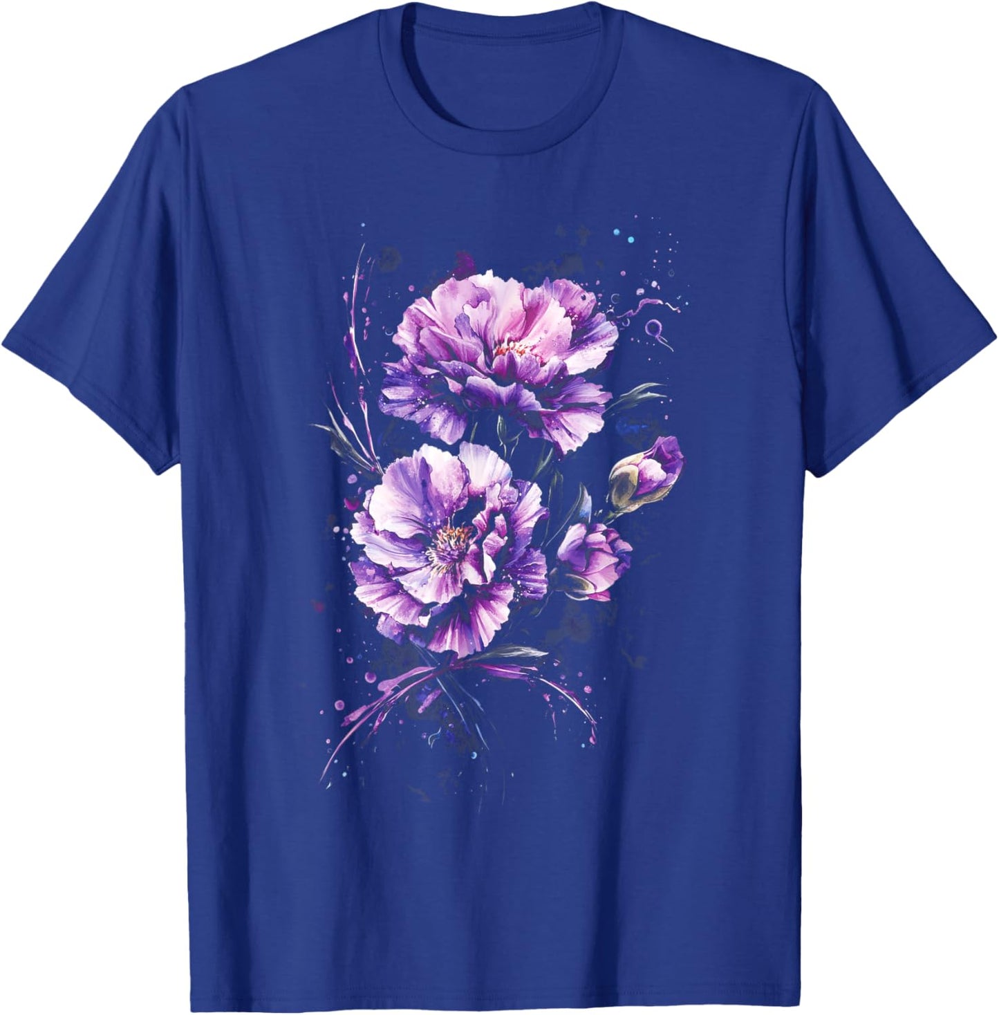 Purple Carnations Watercolor Splash Effect Floral T-Shirt - T-Shirt | Royal