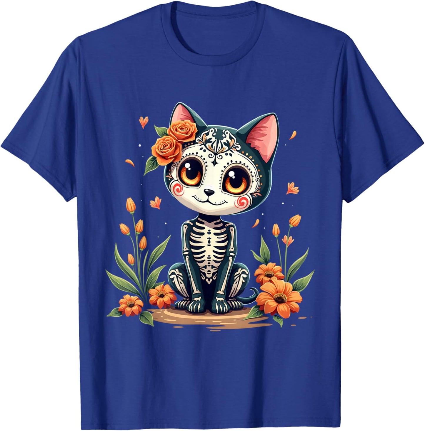 Colorful Sugar Skull Cat Mexican Halloween T-Shirt - T-Shirt | Royal