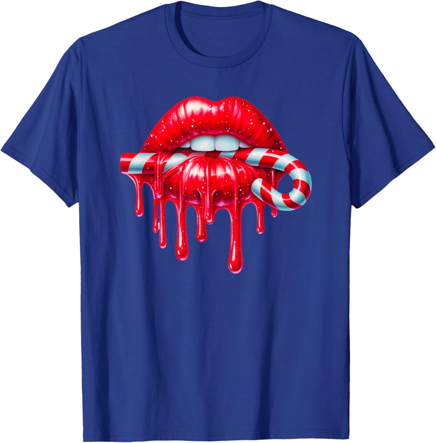 Sexy Lips Red Lipstick Kiss Dripping Candy Cane Christmas T-Shirt - T-Shirt | Royal