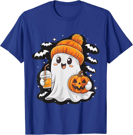 Ghost with Coffee Beanie and Pumpkin Halloween Costume T-Shirt - T-Shirt | Royal