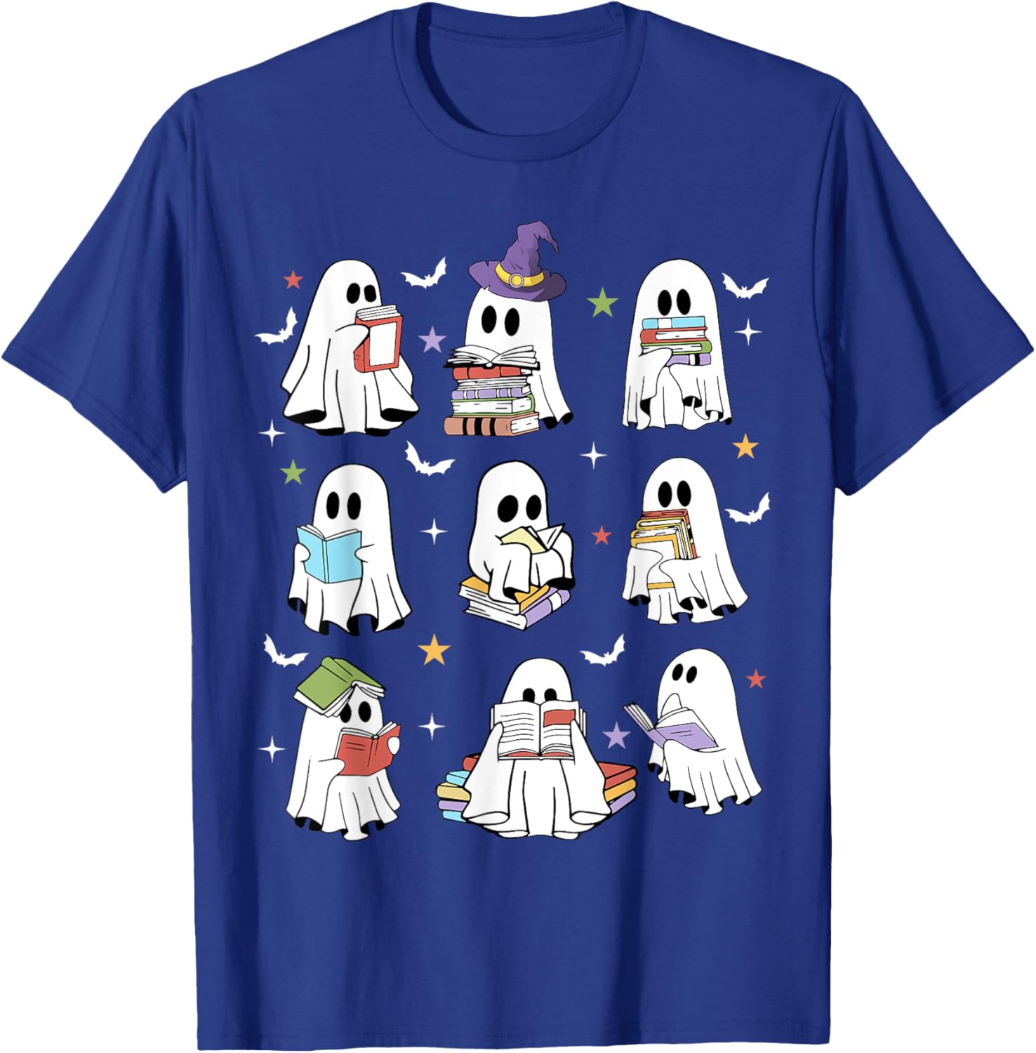 Retro Teacher Halloween Ghost Read More Books Teacher T-Shirt - T-Shirt | Royal