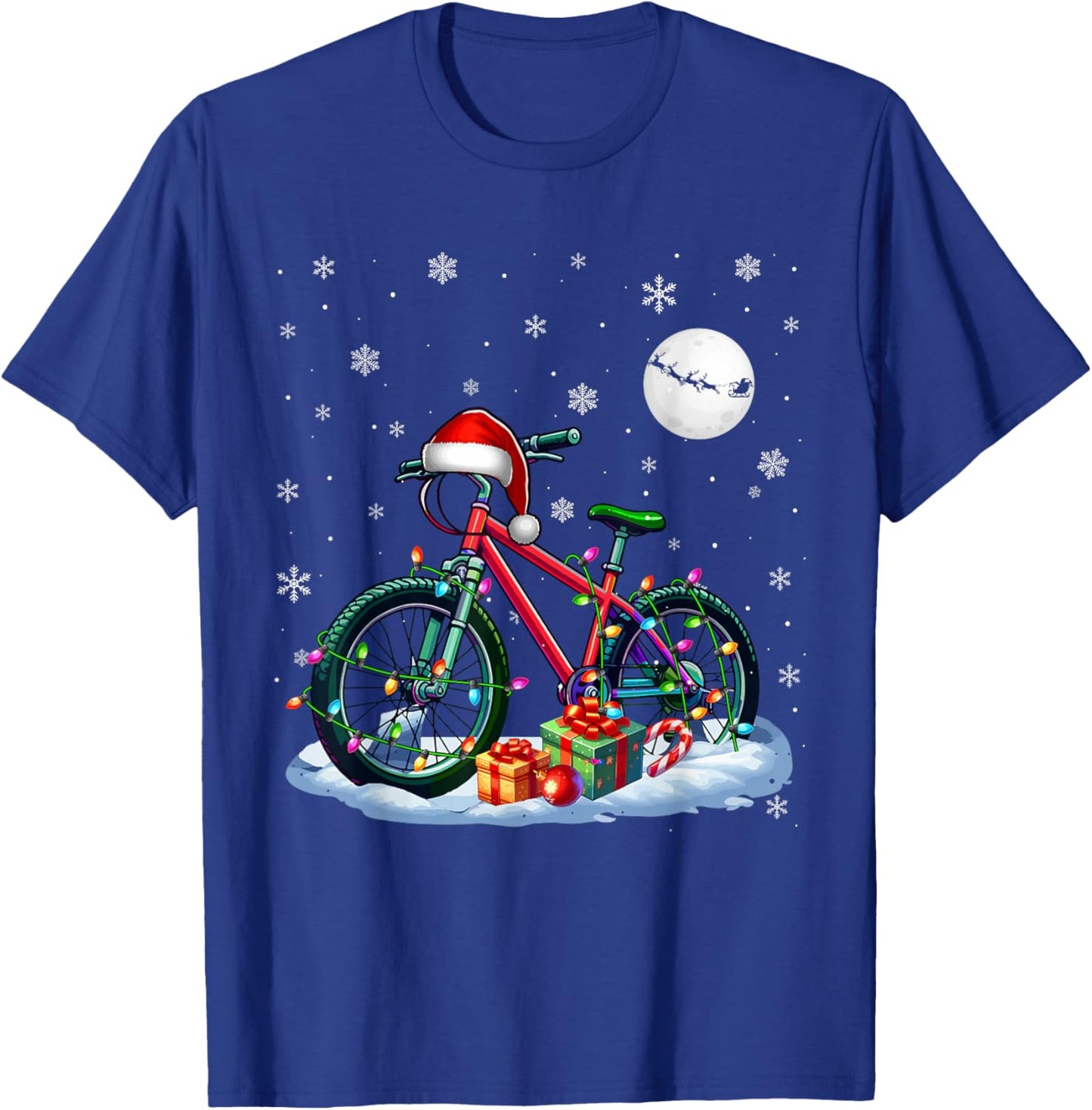 Santa Bicycle Colorful Lights Christmas Cyclist Biking Lover T-Shirt - T-Shirt | Royal