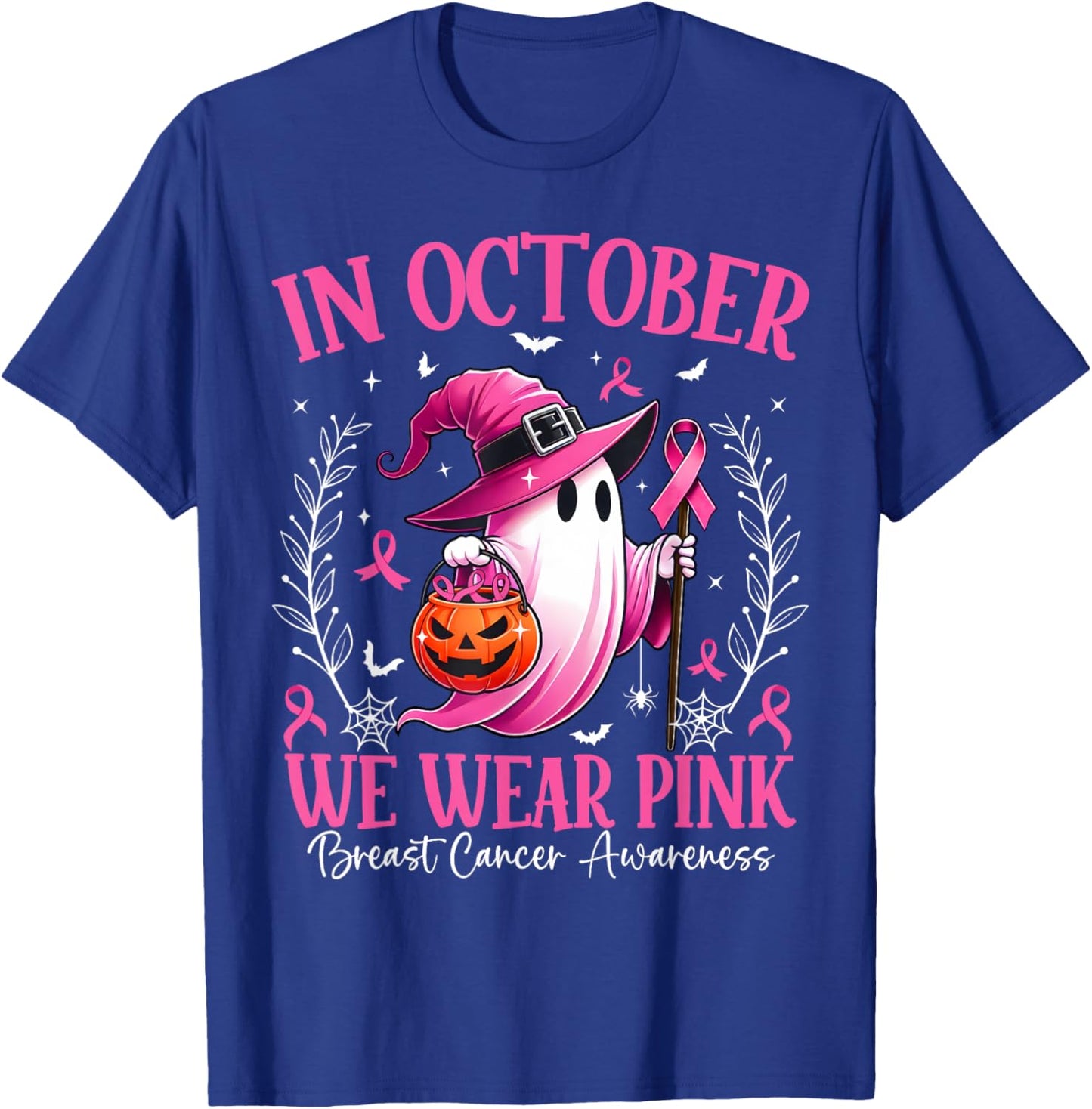 In October We Wear Pink Breast Cancer Awareness Halloween T-Shirt - T-Shirt | Royal