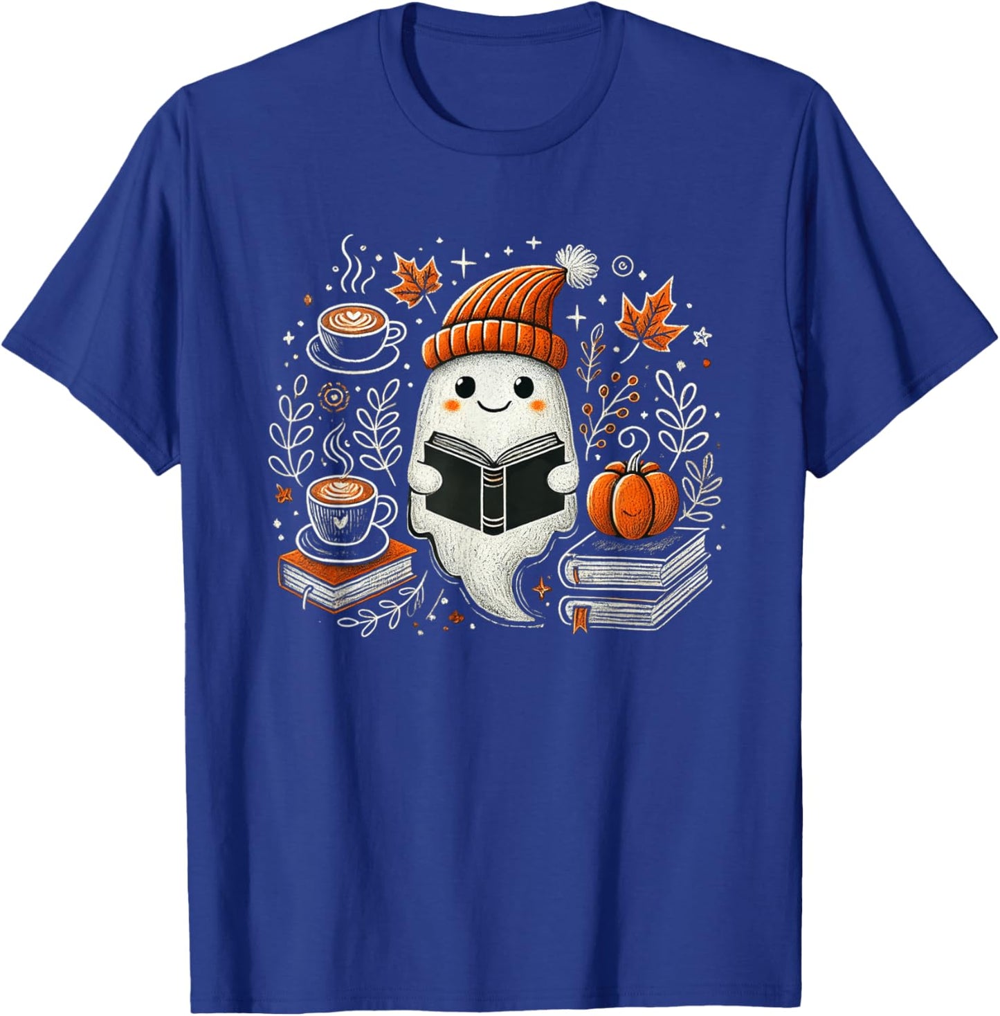 Ghost Reading Book Pumpkin Coffee Autumn Leaves Fall Spirit T-Shirt - T-Shirt | Royal