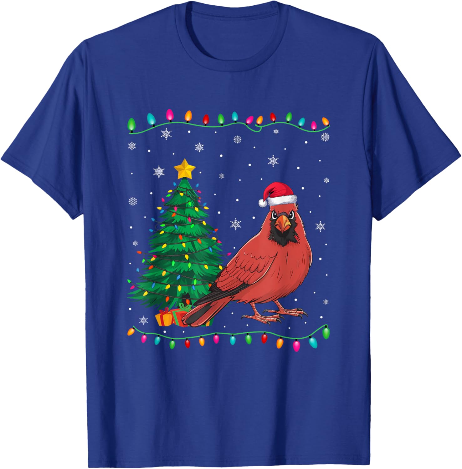 Cardinal Bird Santa Hat Men Women Kids Christmas Tree Lights T-Shirt - T-Shirt | Royal