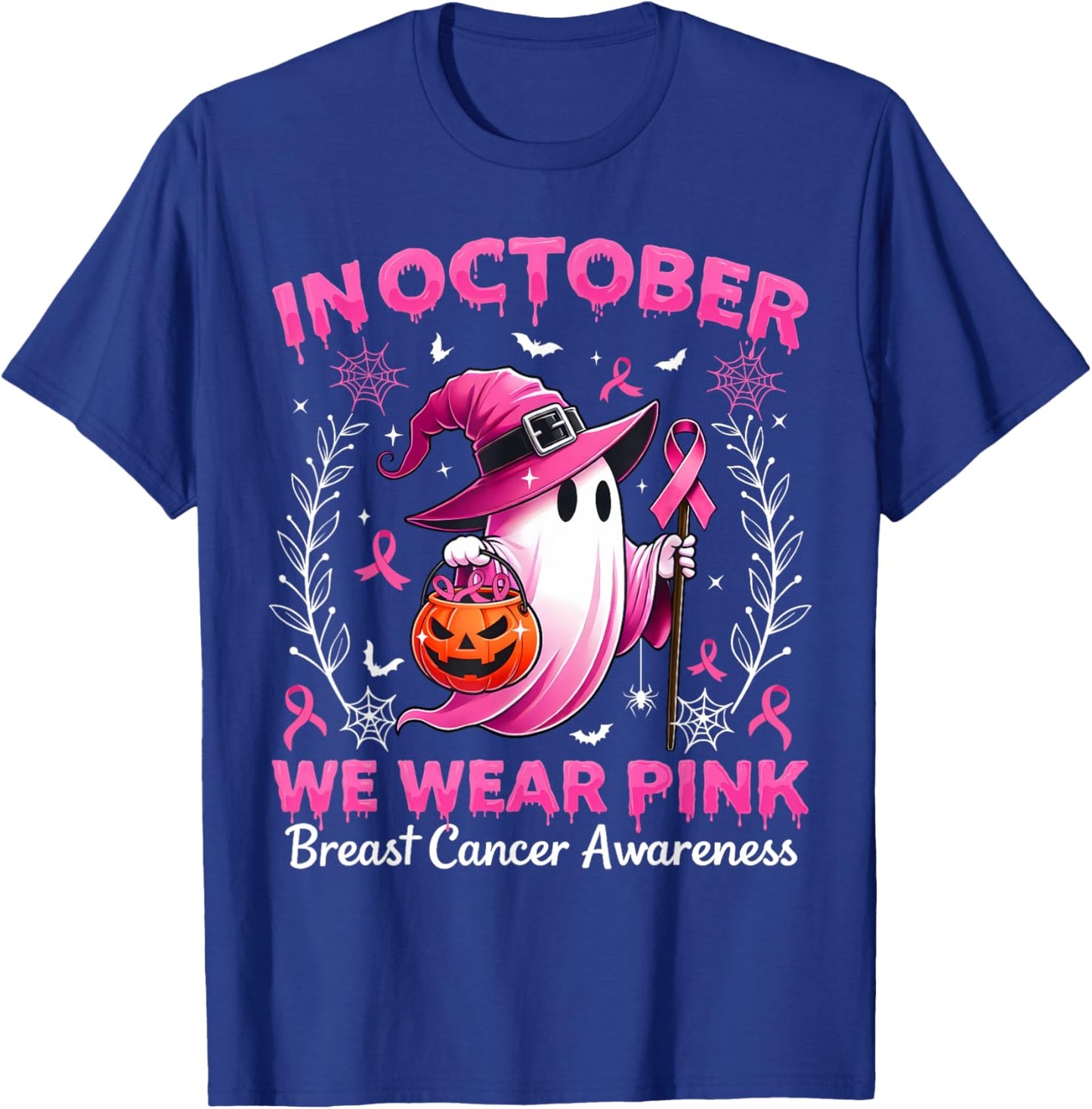 In October We Wear Pink Breast Cancer Awareness Halloween T-Shirt - T-Shirt | Royal