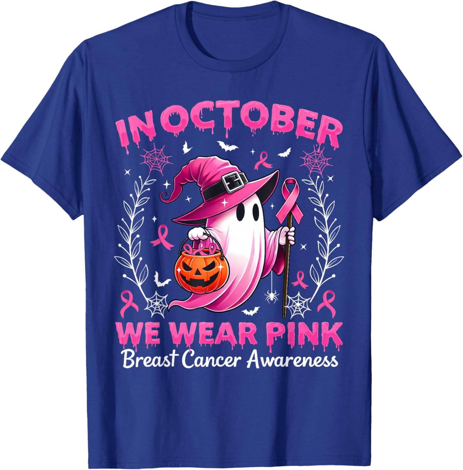 In October We Wear Pink Breast Cancer Awareness Halloween T-Shirt - T-Shirt | Royal