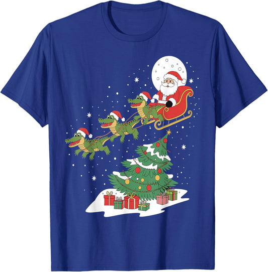 Santa Riding Alligator Christmas Lighting Tree Kids Boys Men T-Shirt - T-Shirt | Royal