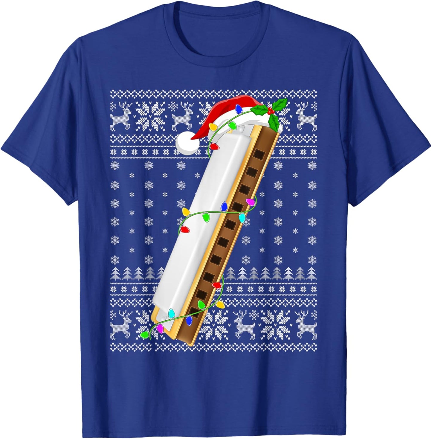 Ugly Sweater Xmas Lights Santa Musical Harmonica Christmas T-Shirt - T-Shirt | Royal