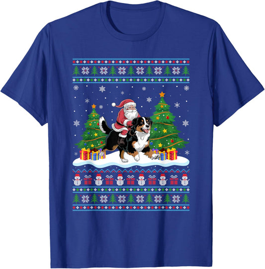 Santa Riding Bernese Mountain Dog Tree Lights Xmas Sweater T-Shirt - T-Shirt | Royal