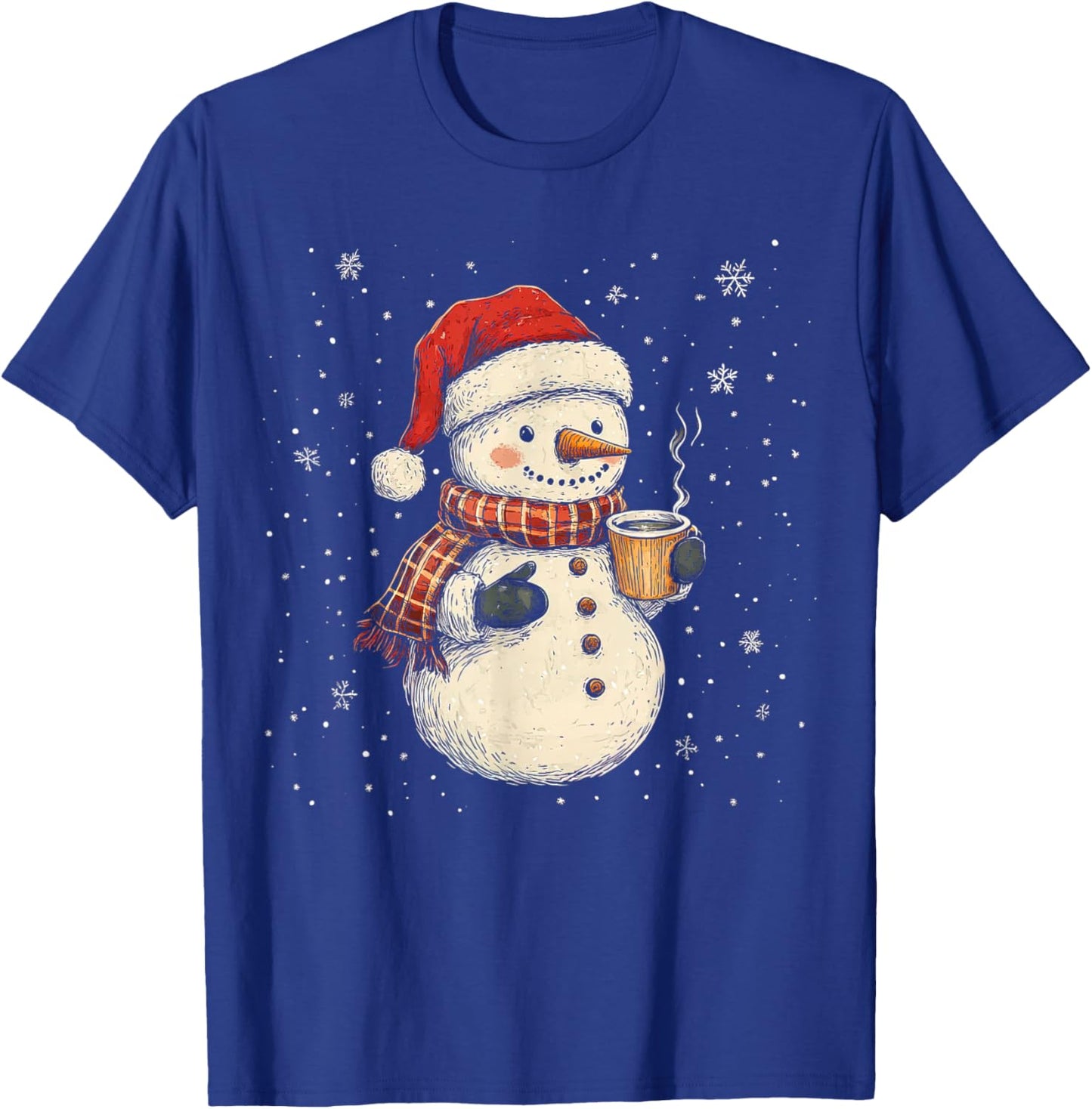 Cute Snowman Drink Coffee Winter Snowflake Snowman Christmas T-Shirt - T-Shirt | Royal