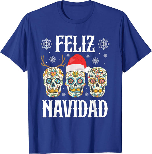 Feliz Navidad Skeletons Reindeer Santa Mexican Christmas T-Shirt - T-Shirt | Royal