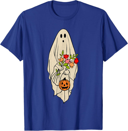Retro Vintage Ghost Floral Pumpkin Halloween Girls T-Shirt - T-Shirt | Royal