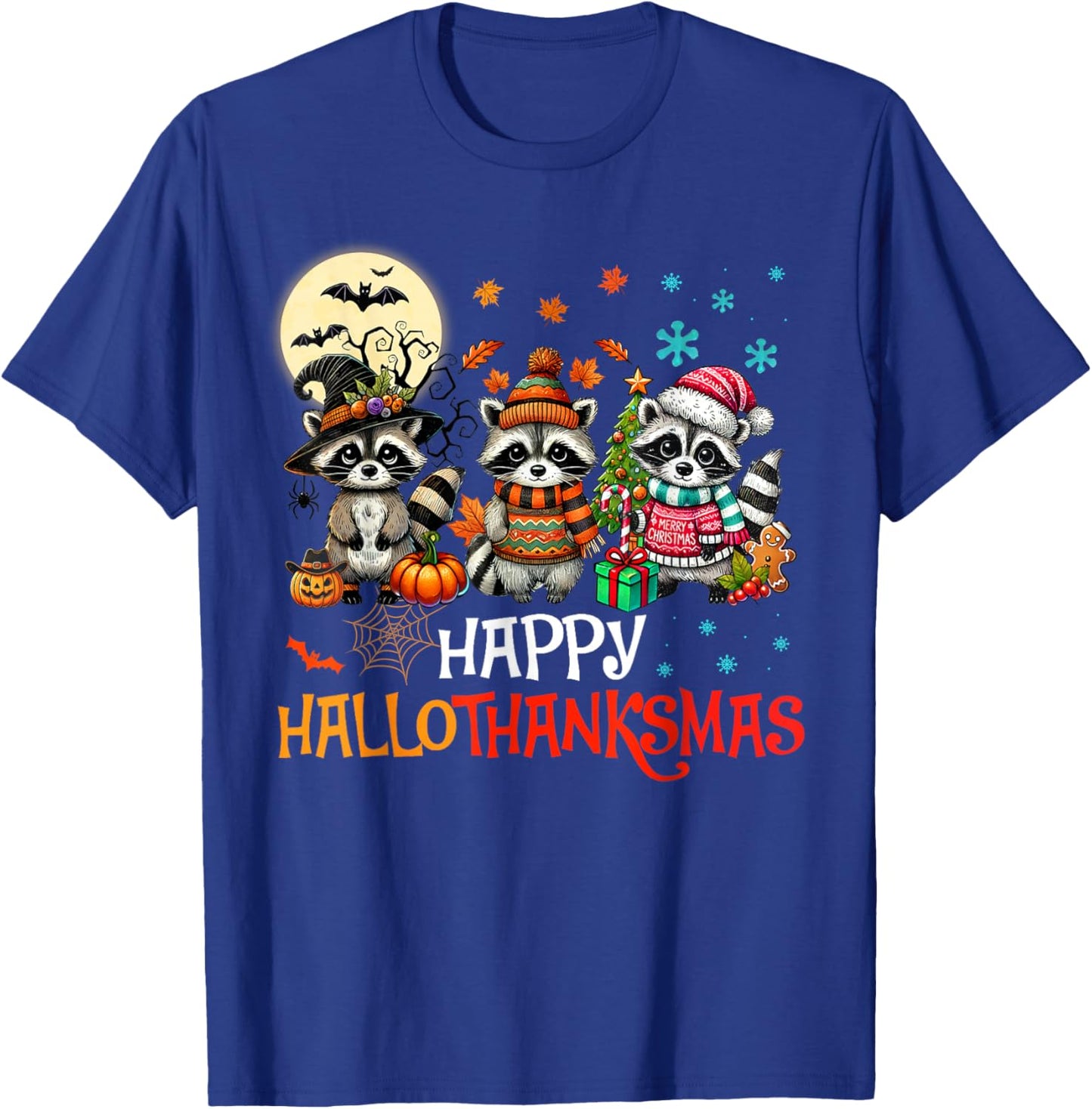 Happy Hallothanksmas Raccoon Lover Halloween Merry Christmas T-Shirt - T-Shirt | Royal