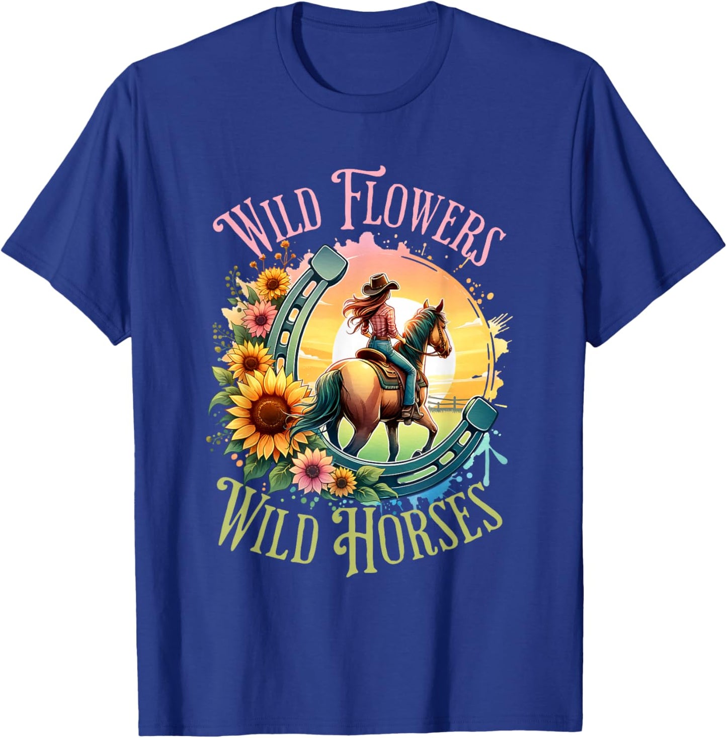 Wild Flowers & Wild Horses Country Sunset Western Cowgirl T-Shirt - T-Shirt | Royal