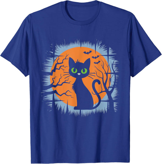 Vintage Halloween Black Cat with Bats and Full Moon Design T-Shirt - T-Shirt | Royal